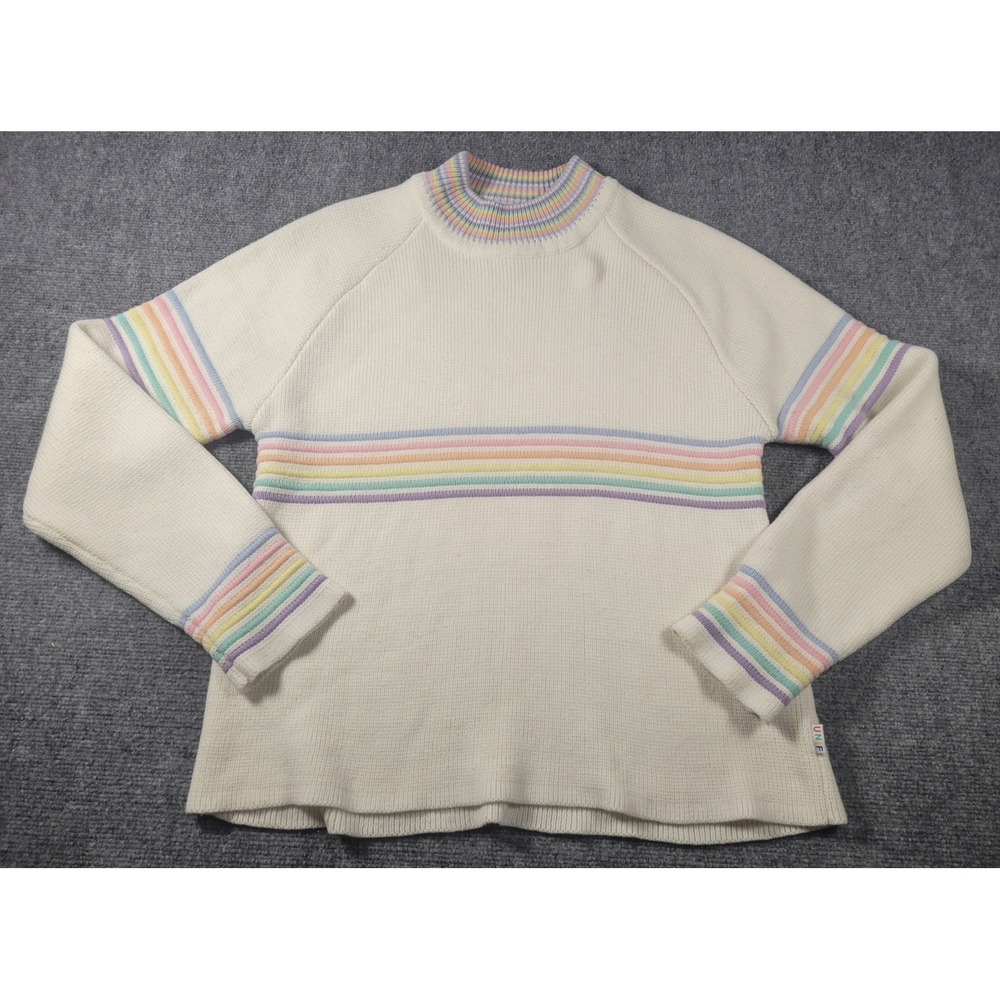 UNIF Pastel Rainbow Stripe Mock Neck Knit Sweater Cream Large